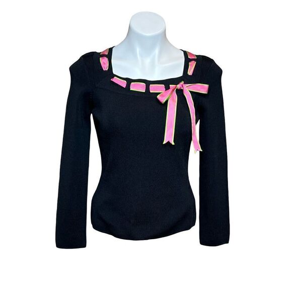 Prima Bella black ribbon tie 3/4 sleeve sweater size S - Picture 1 of 12